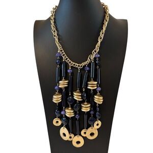Matte Hammered Gold Toned Statement Necklace w/ Blue & Black Beads.